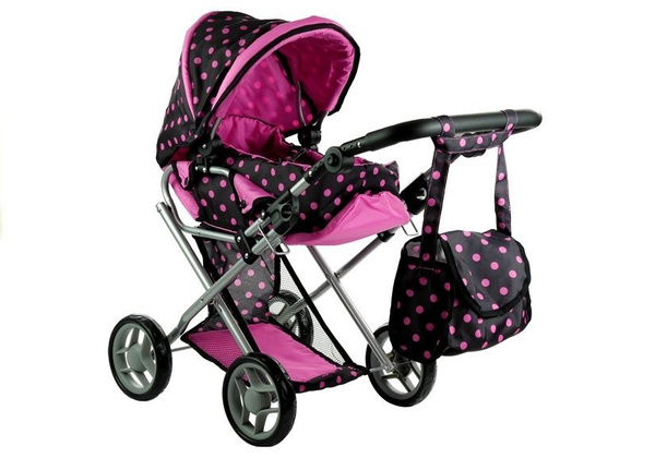 Doll Bogie and Stroller Alice- with Carrier, Bag and Bedding Black with Pink Dots