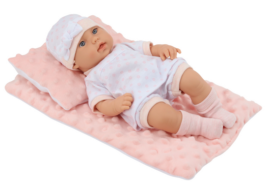 Baby Doll in White Pajamas, Hat, Blanket, Cushion