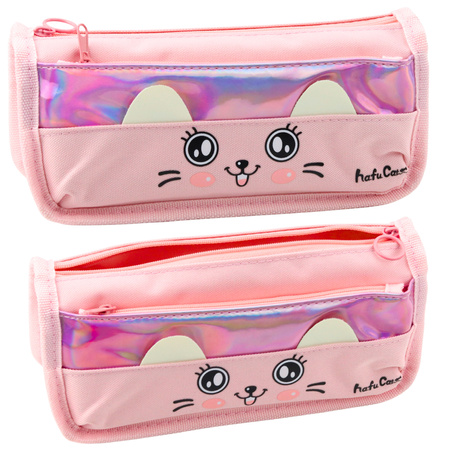 School Pencil Case With Cat Two Pockets Pink 21.5cm