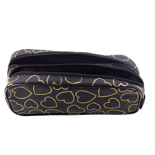 School Office Pencil Case, Two-Compartment, Golden Hearts, Black, 23.5x10 cm