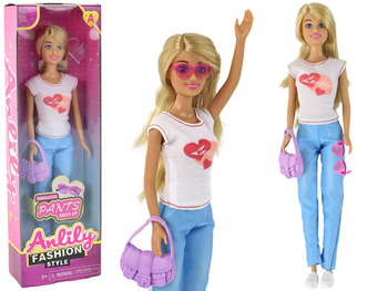 Anlily Kinderpuppe, langes blondes Haar, Handtasche, Brille, weiße Bluse