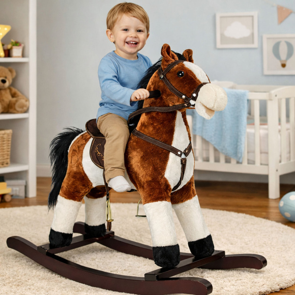 Rocking Horse Moves Mouth Tail Sounds Dark Brown 74 cm