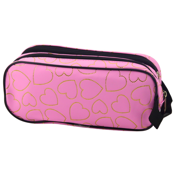 School Office Pencil Case with Two Compartments, Golden Hearts, Pink, 23.5x10 cm