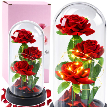 Ewige Rosen in einer Kuppel mit LED-Beleuchtung und roten Rosenblättern 21x11cm