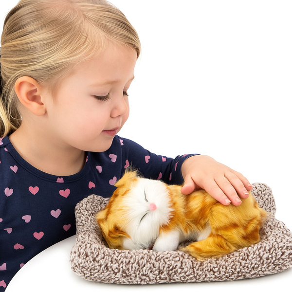 Sleeping Ginger Cat on a Pillow Figurine with Fur Bag Sounds