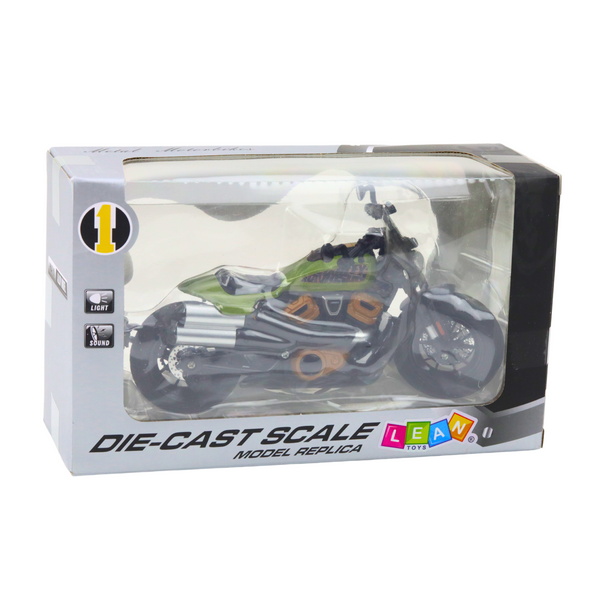 Motorcycle Chopper Metal Lights Sounds Black Green Elements 1:12