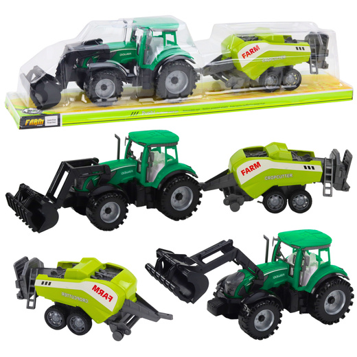 Set of tractor with loader and agricultural baler Green