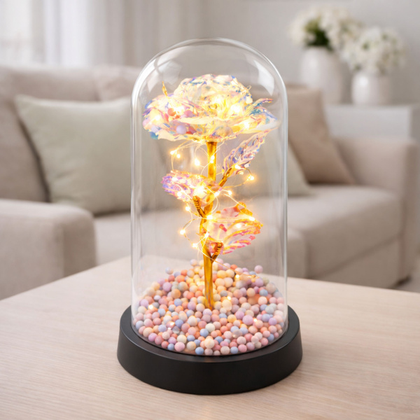 Ewige Rose in einer Glaskuppel mit LED-Kristallbeleuchtung, 21,5 x 11 cm