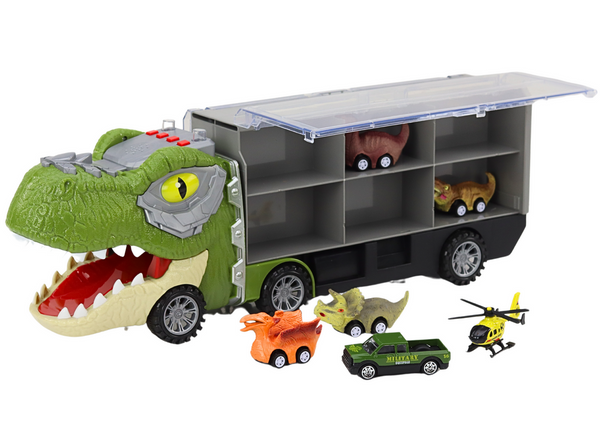 Dinosaurier-LKW-Transportfedern, 6 Stück, Lichter, Geräusche, grün