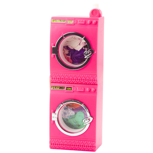 Puppenwäsche-Set Waschmaschine Trockner Kleiderbügel Korb Rosa