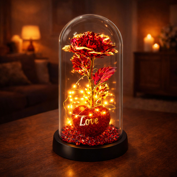 Eternal Rose in Dome with LED Lighting Heart Beads Red 21x11cm