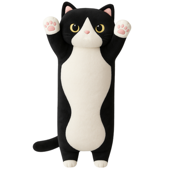Plush Cat Mascot Pillow Oblong Roller White Black 70cm