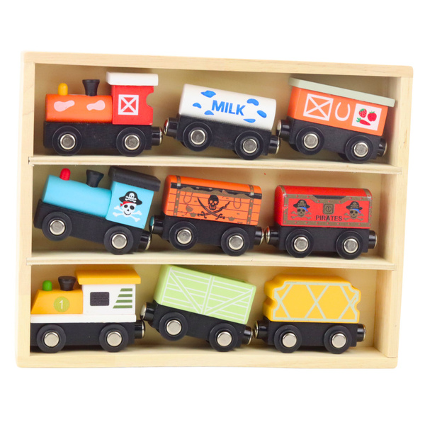 Set of Wooden Trains, Carriages, Magnet Organizer, 9 pcs