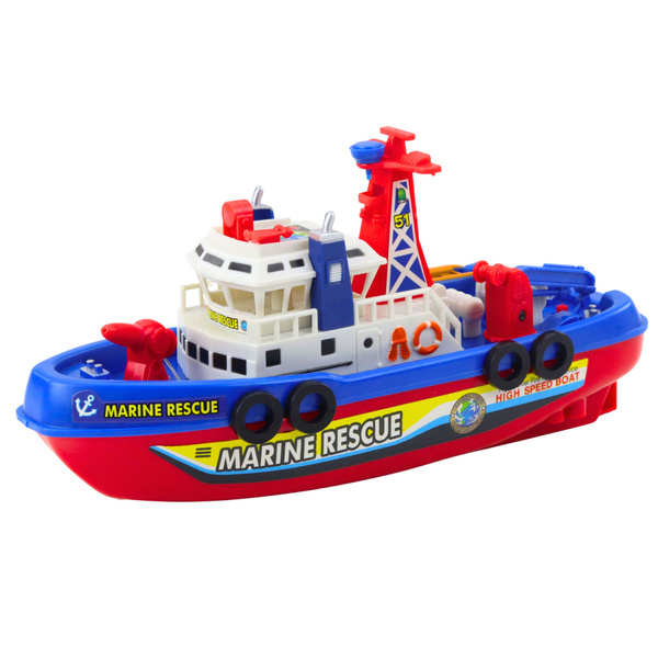 Feuerlöschboot mit Schlepper und Wasserspritzlichtern und Geräuschen