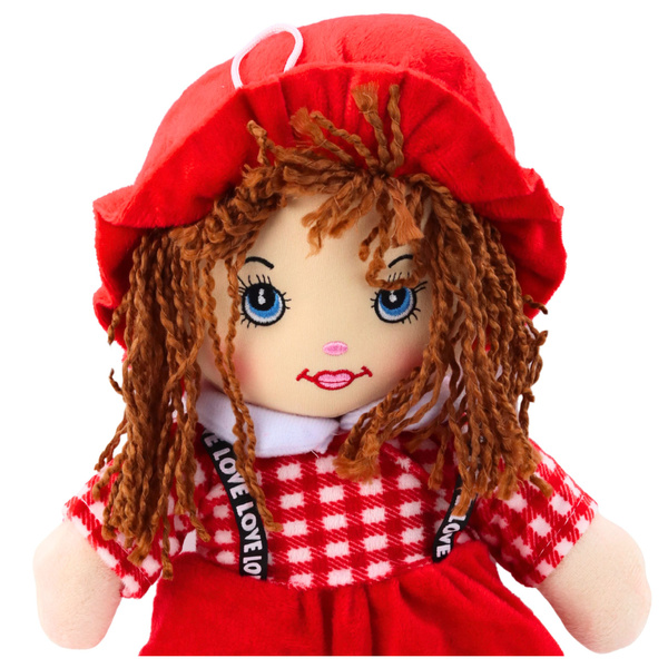 Stoffpuppe, Kuscheltier, kariertes Kleid, rot, 35 cm