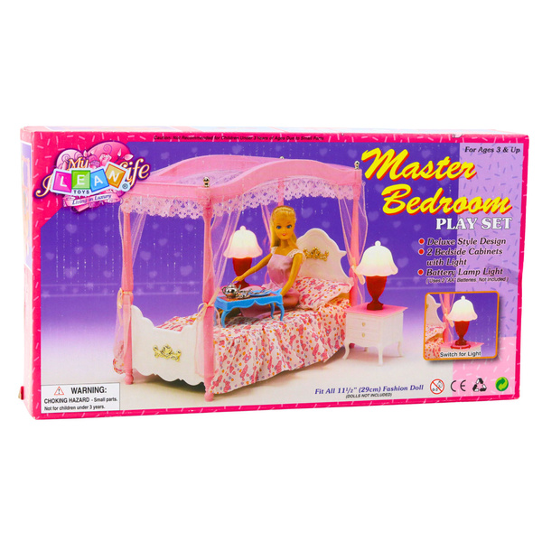 Doll Furniture Set: Canopy Bed, Nightstands, Lamps
