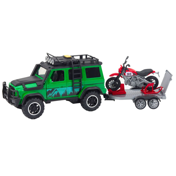 Geländewagen-Set mit Abschleppwagen und Motorrad, Lichter und Geräusche, Grün