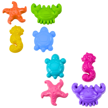 Meeressandformen, 4 Stück, Krabbe, Schildkröte, Seestern, Pferd, gelb, grün