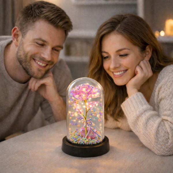 Wieczna Róża w Kopule z Oświetleniem LED Różowa z Serduszkiem i Kuleczkami