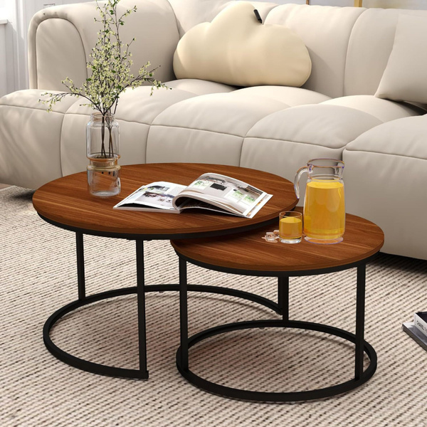 Set of 2-in-1 Round Coffee Tables Vintage Natural Wood 70x50cm 45x44cm