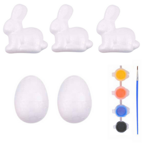 Set for painting styrofoam decorations 3 bunnies 2 eggs paints