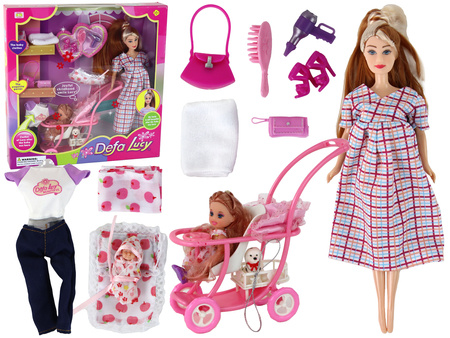Lucy Doll Set Pregnant Baby Stroller Long Brown Hair