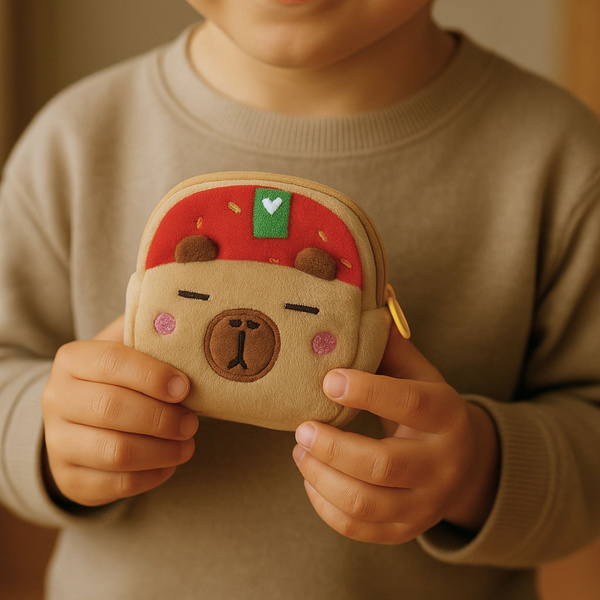Plush Wallet with Keychain Capybara Strawberry Red 9.5 x 8 cm