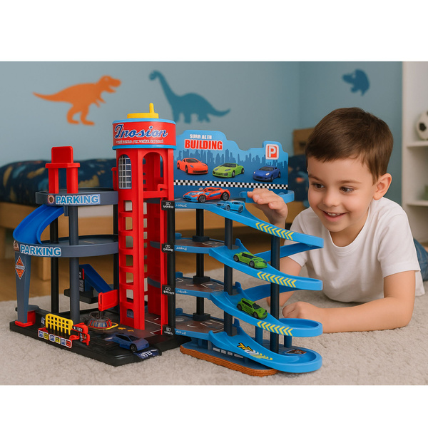 Parking Lot with Cars, 4 Level Track, 8 Metal Vehicles, Stickers