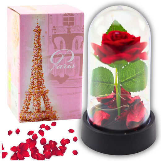 Eternal Rose in Dome with LED Lighting Red with Rose Petals 14x8cm