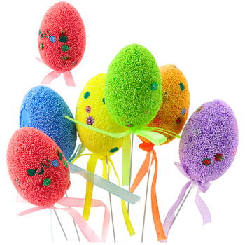 Easter Eggs on Wire Pick Colorful Leaves Ribbon Decoration 6pcs