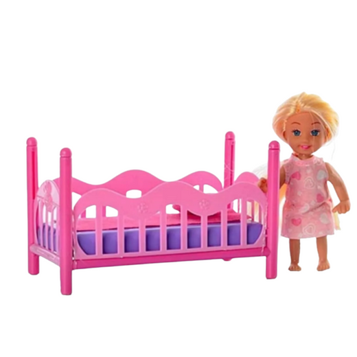 Mini Doll in Pajamas Set Pink Bed