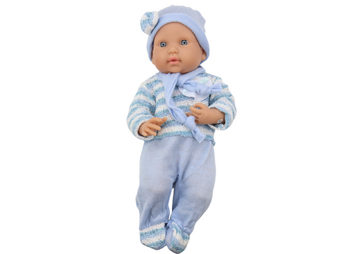 Baby doll, striped sweater, hat, blue scarf