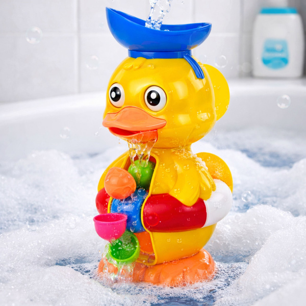 Interactive Bath Toy Duck with Grinder, Suction Cups, and Spoon