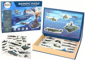 A set of educational magnetic puzzles with a military ship motif