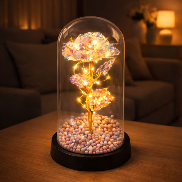 Ewige Rose in einer Glaskuppel mit LED-Kristallbeleuchtung, 21,5 x 11 cm