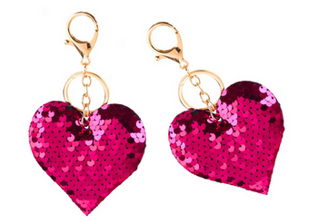 Heart Keychain Sequins Double-Sided Silver Dark Pink