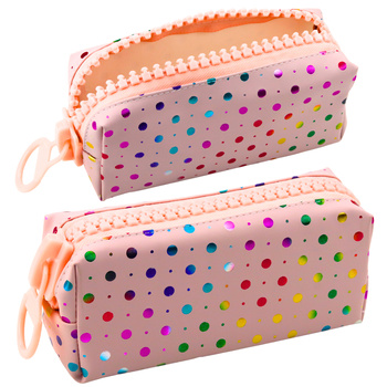School Pencil Case Organizer Colorful Dots Large Zipper Pink 21x8cm