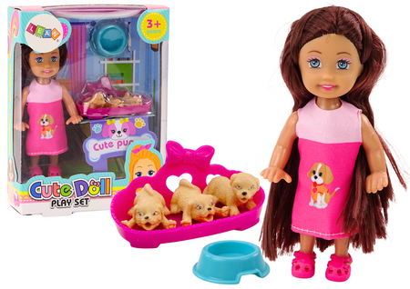 Mini Doll Long Hair Dress Three Dogs Bed