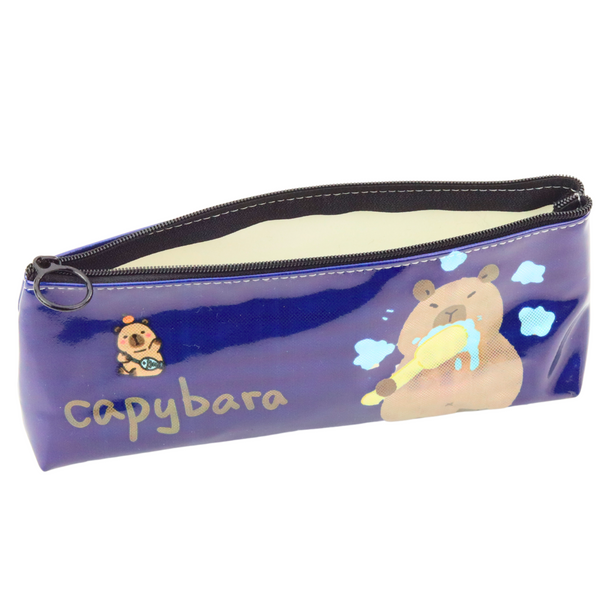 School Pencil Case Kit Capybara Brushing Teeth Navy Blue 20 x 8.5 x 4 cm