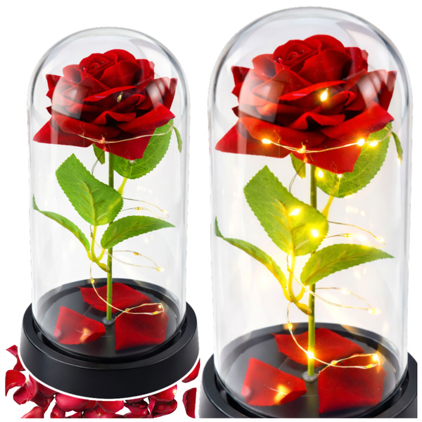 Ewige Rose in Glaskuppel mit roter LED-Beleuchtung, 21,5 x 11 cm
