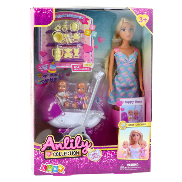 Lalka Anlily Mama Z Dwójką Dzieci Wózek Akcesoria Dziecięce