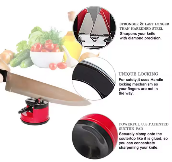Messer- und Scherenschärfer mit Saugnapf und Feststellhebel, rot