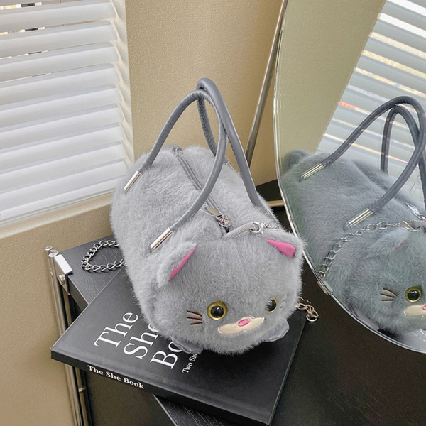 Plüschige, katzenförmige Handtasche mit Kettenhenkeln, Grau