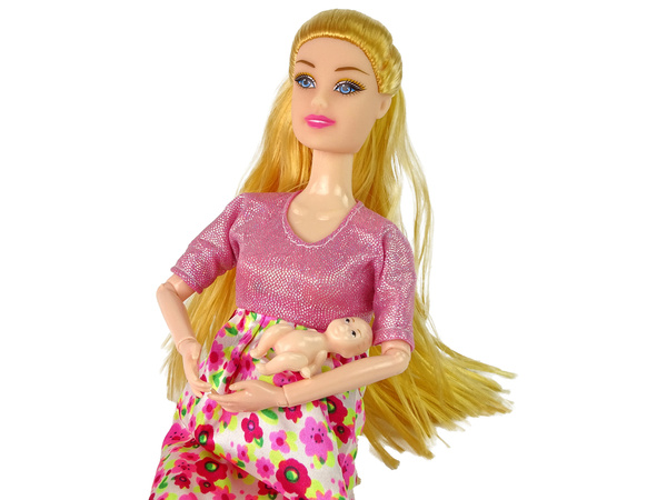 Babypuppe schwanger rosa Kleid Blumen