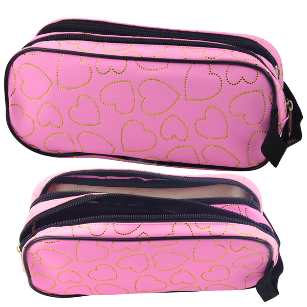 School Office Pencil Case with Two Compartments, Golden Hearts, Pink, 23.5x10 cm