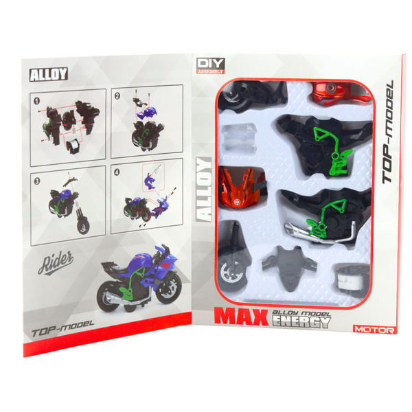 Motorrad zum Zusammenbauen, Schrauben, Metall, 1:14, DIY, Orange-Grün