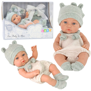 Babypuppe, graues Outfit, Mütze, Lätzchen, 18 cm