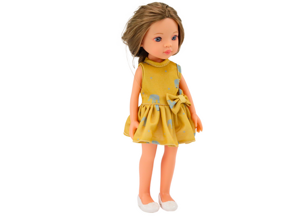 Puppe, gelbes Kleid, braunes Haar, große Puppe, 33 cm