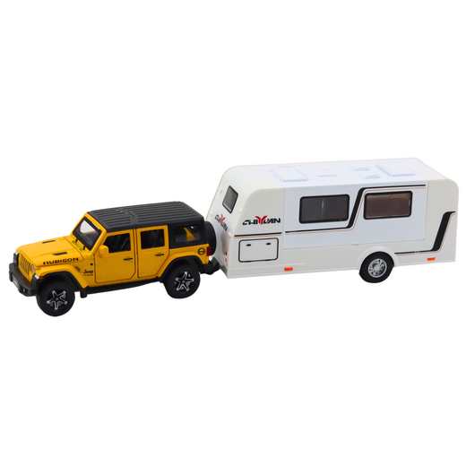 Set of Off-road Vehicles with Camper, Metal, Drive, Lights, Sounds, Yellow, 1:32 