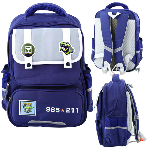 School Backpack Patches With Dinosaurs Chest Strap Navy Blue 39x27x15cm